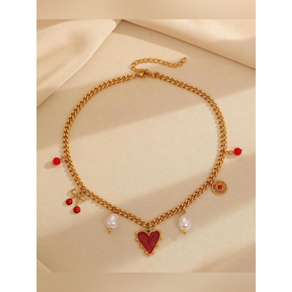 with Red Heart Charm and Pearl Drop necklace A2004